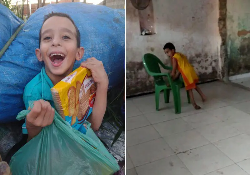 Vizinhos se unem para ajudar menino com paralisia que arrasta cadeira de plástico achada no lixo
