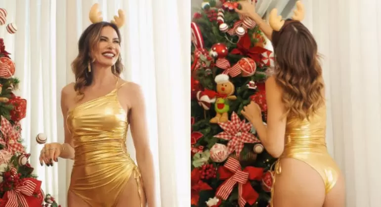Aos 53 anos, Luciana Gimenez posa de maiô dourado para o Natal, e web reage: 'Que corpão'