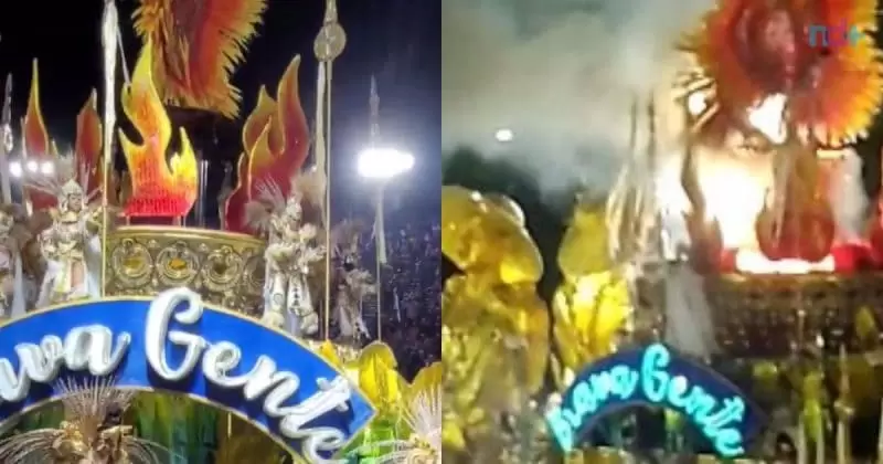 Carro alegórico da Beija-Flor pega fogo antes de entrar na avenida e assusta foliões