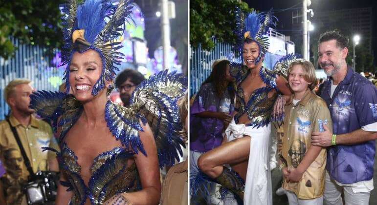 Adriane Galisteu chega na Sapucaí acompanhada do marido e do filho e brilha na Portela