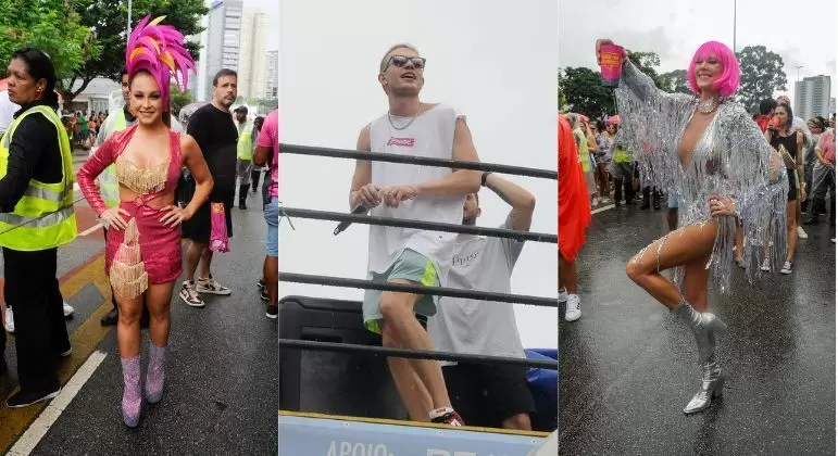Carla Diaz, Leo Picon e mais famosos encaram chuva no Bloco da Favorita, em São Paulo
