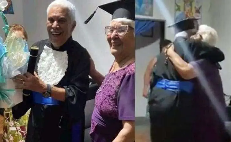 Idoso de 78 anos se forma e emociona ao comemorar com a mãe, de 98