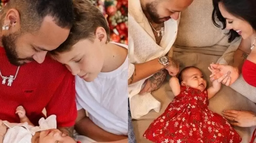 Neymar posa ao lado da ex-namorada Bruna Biancardi e dos filhos em festa de Natal