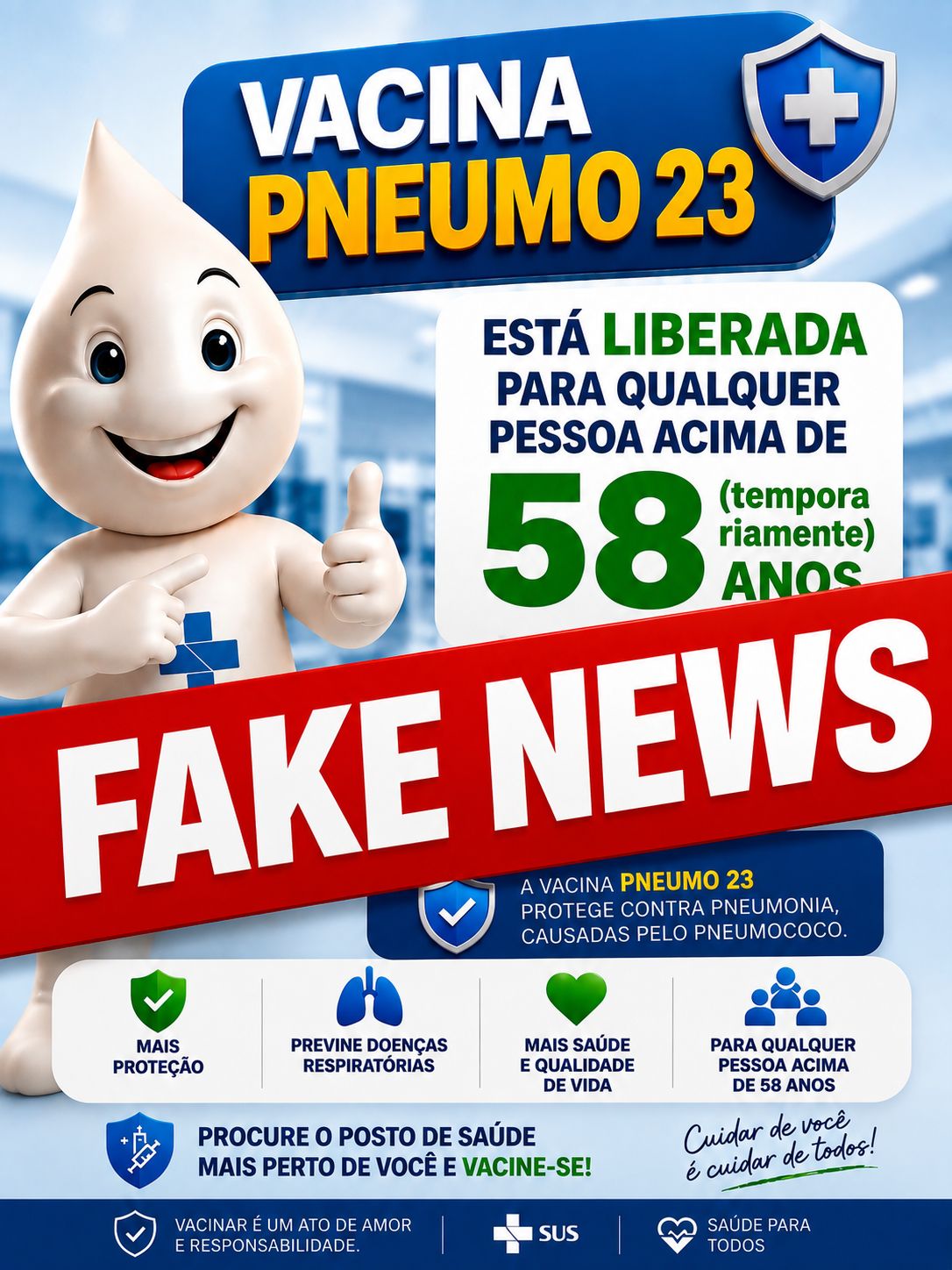 Prefeitura alerta sobre falsa informação de oferta da vacina Pneumo 23 para maiores de 58 anos