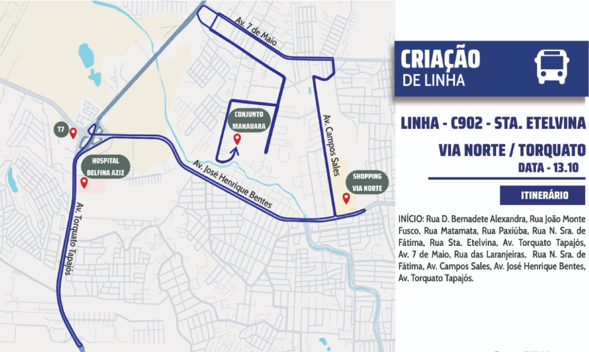 IMMU amplia transporte coletivo com nova linha entre conjunto Manauara e avenida Torquato Tapajós